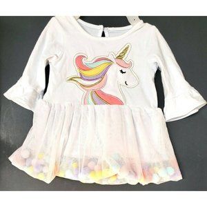 Baby Starters WHITE UNICORN DRESS w/ pompom tulle skirt 18 month toddler 24-27#